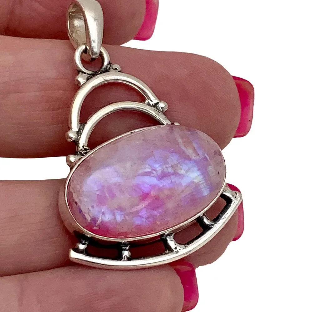Pink Rainbow Moonstone Solid 925 Sterling Silver Pendant - Picture 3 of 5